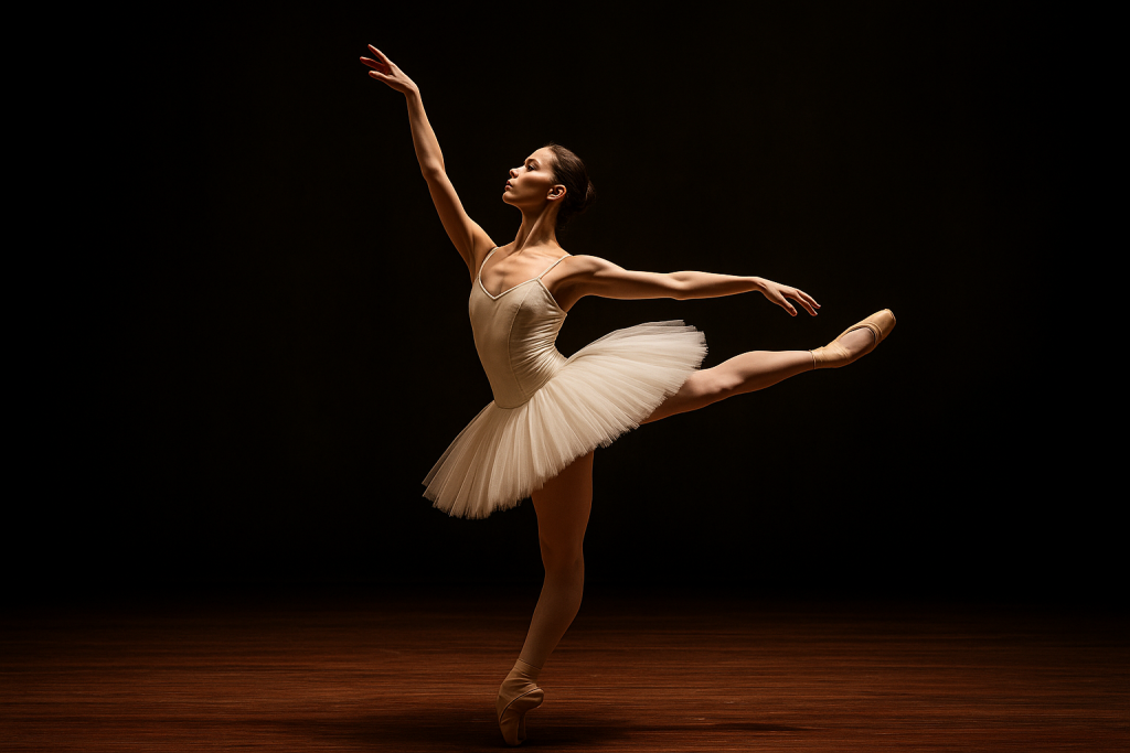 Una bailarina clásica ensaya sola sobre el escenario, en un momento de concentración y equilibrio que refleja la exigencia y la belleza del alto rendimiento artístico.