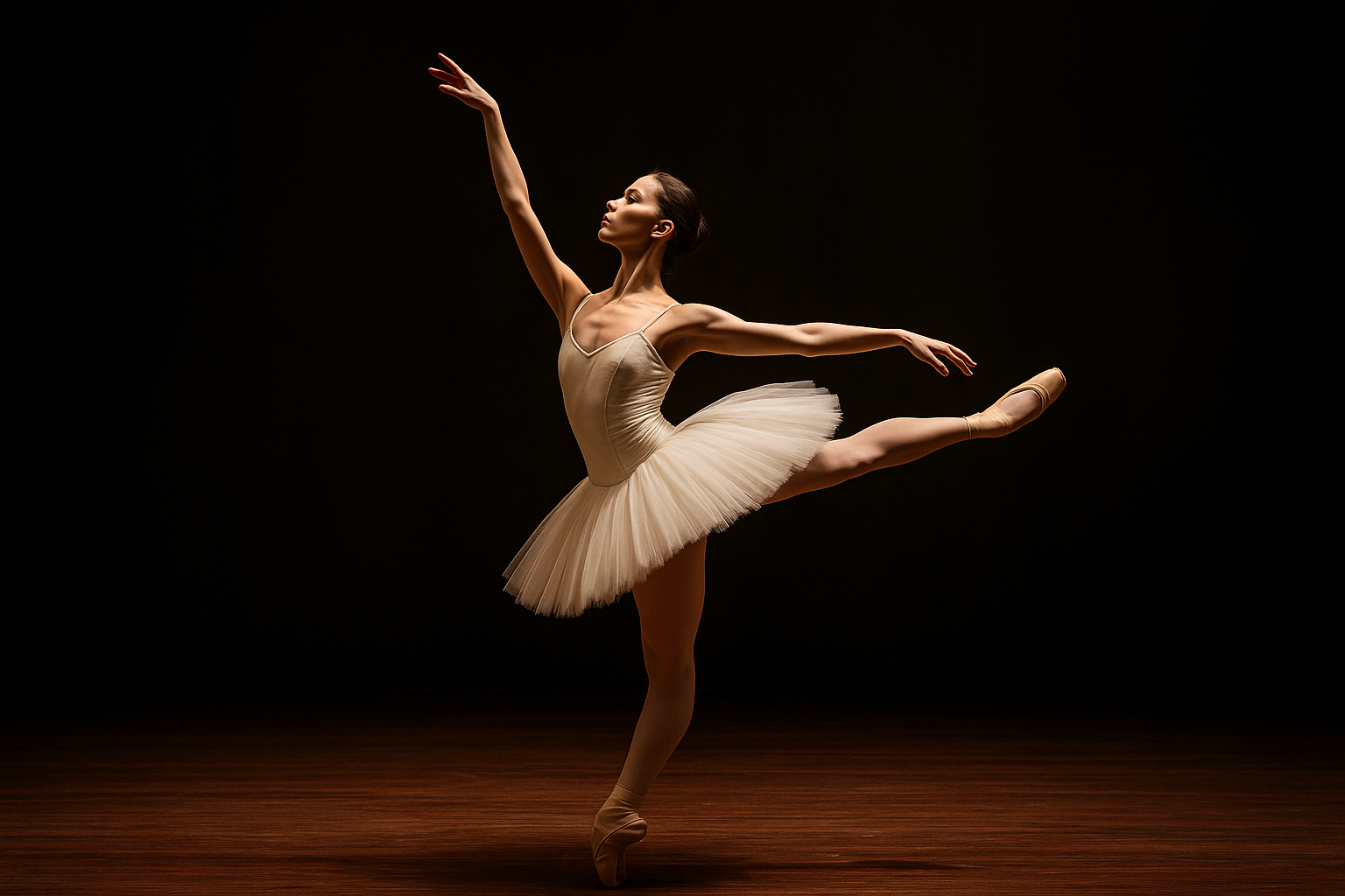 Una bailarina clásica ensaya sola sobre el escenario, en un momento de concentración y equilibrio que refleja la exigencia y la belleza del alto rendimiento artístico.