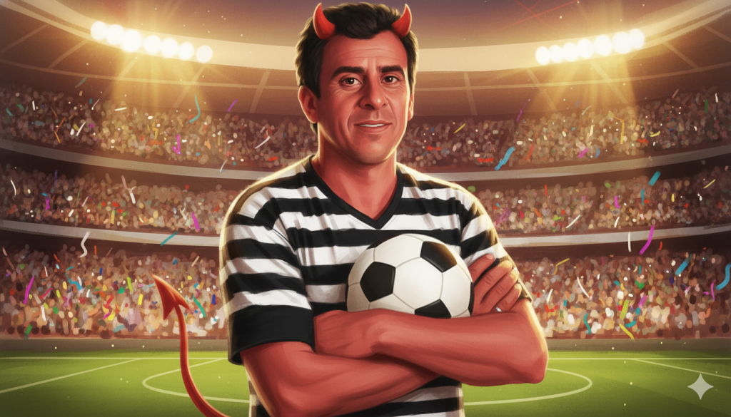 En la imagen, Roberto Monserrat aparece con el símbolo que lo acompañó toda su carrera: “El Diablo”. Detrás del apodo, un jugador incansable, humilde y fiel a su Córdoba.